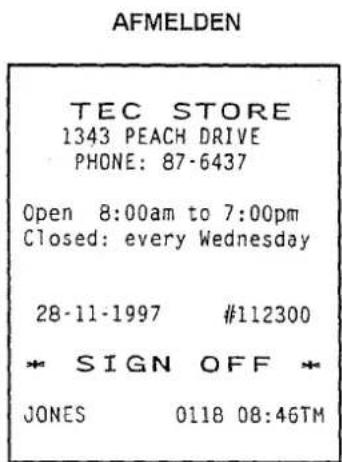 AFMELDEN TEC STORE 1343 PEACH DRIVE PHONE: 87-6437 Open 8:00am to 7:00pm Closed: every Wednesday 28-11-1997 #112300 * SIGN OFF * JONES 0118 08:46TM