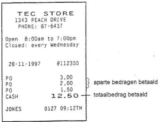 TEC STORE 1343 PEACH DRIVE PHONE: 87-6437 Open 8:00am to 7:00pm Closed: every Wednesday 28-11-1997 #112300 PO 3,00 PO 2,00 PO 1,50 CASH 12,50 JONES 0127 09:12TM aparte bedragen betaald totaalbedrag betaald