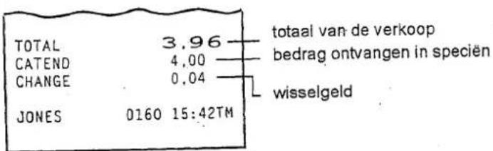 TOTAL 3.96 CATEND 4.00 CHANGE 0.04 JONES 0160 15:42TM totaal van de verkoop bedrag ontvangen in speciën wisselgeld