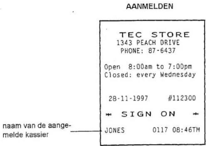 AANMELDEN TEC STORE 1343 PEACH DRIVE PHONE: 87-6437 Open 8:00am to 7:00pm Closed: every Wednesday 28-11-1997 #112300 * SIGN ON * JONES 0117 08:46TM naam van de aange- melde kassier