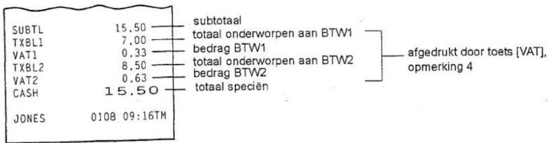 SUBTL 15.50 —— subtotaal TXBL1 7.00 —— totaal onderworpen aan BTW1 VAT1 0.33 —— bedrag BTW1 TXBL2 8.50 —— totaal onderworpen aan BTW2 VAT2 0.63 —— bedrag BTW2 CASH 15.50 —— totaal speciën JONES 0108 09:16TM afgedrukt door toets [VAT], opmerking 4