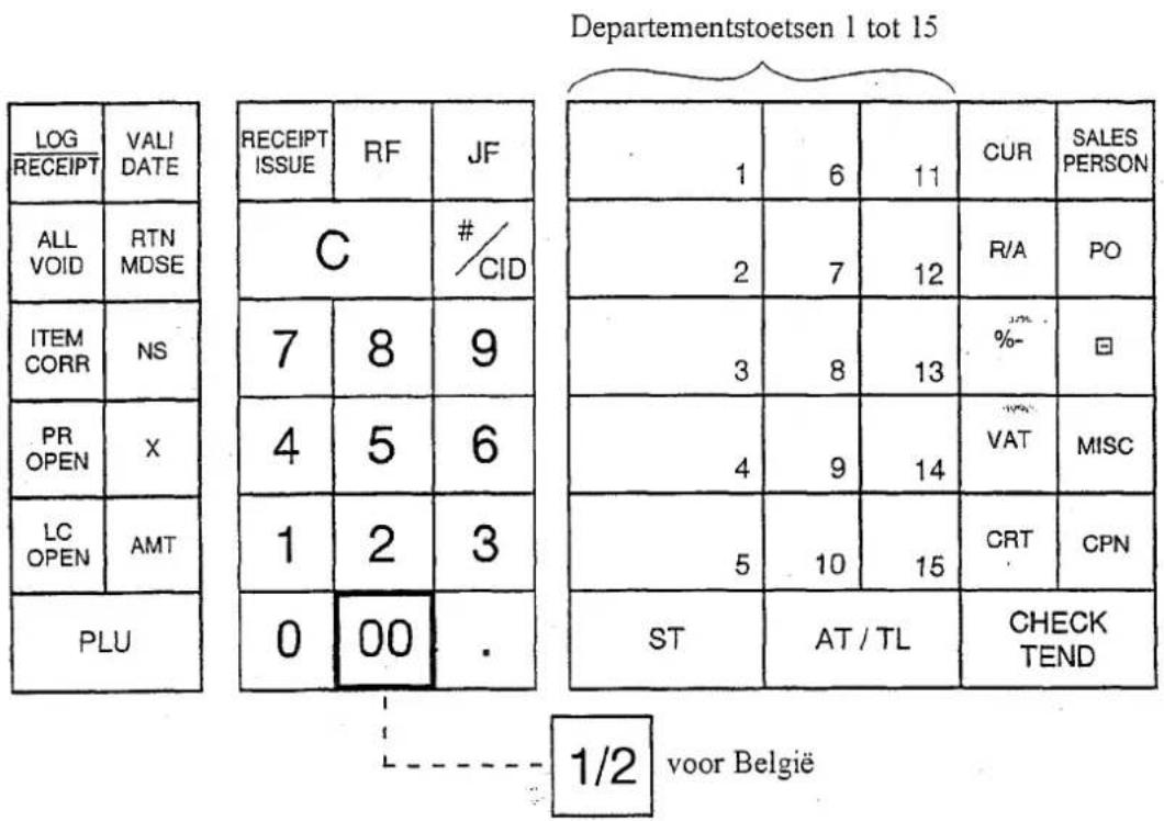 Departementstoetsen 1 tot 15 LOG RECEIPT VALIDATE ALL VOID RTN MDSE ITEM CORR NS PR OPEN X LC OPEN AMT PLU RECEIPT ISSUE RF JF C # CID 7 8 9 4 5 6 1 2 3 0 00 . 1/2 voor België 1 6 11 CUR SALES PERSON 2 7 12 R/A PO 3 8 13 % - VAT MISC 4 9 14 CRT CPN 5 10 15 ST AT / TL CHECK TEND