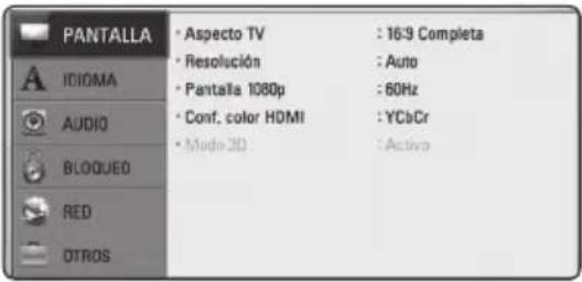 PANTALLA • Aspecto TV : 16:9 Completa • Resolución : Auto • Pantalla 1080p : 60Hz • Conf. color HDMI : YCbCr • Mode 3D : Activa IDIOMA AUDIO BLOQUED RED OTROS