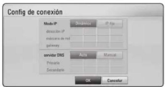 Config de conexión Mode IP direction IP destination de red gateway servidor DNS Auto Manual Primario Secondario OK Cancelar