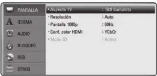 PANTALLA • Aspecto TV : 16:9 Complets • IDIOMA • Resolution : Auto • Pantalla 1080p : 60Hz • Conf. color HDMI : YCbCr • Modo 3D : Active AUDIO BLOQUEO RED OTROS