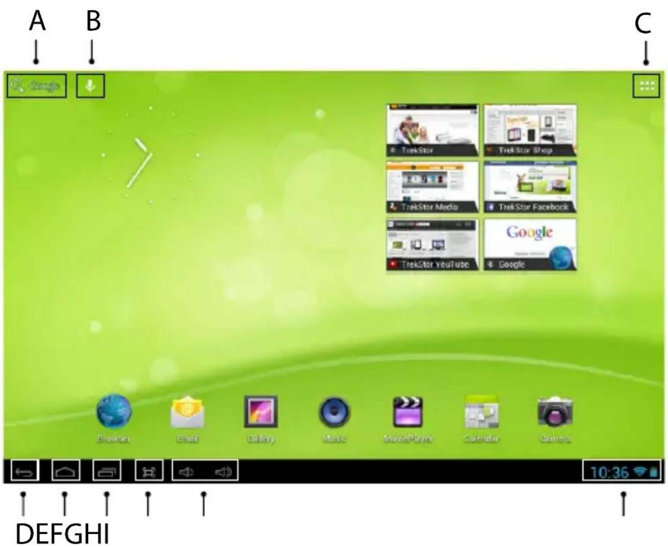 TrekStor SurfTab ventos 7.0 HD - 3.4) Elementi sullo schermo principale - 1