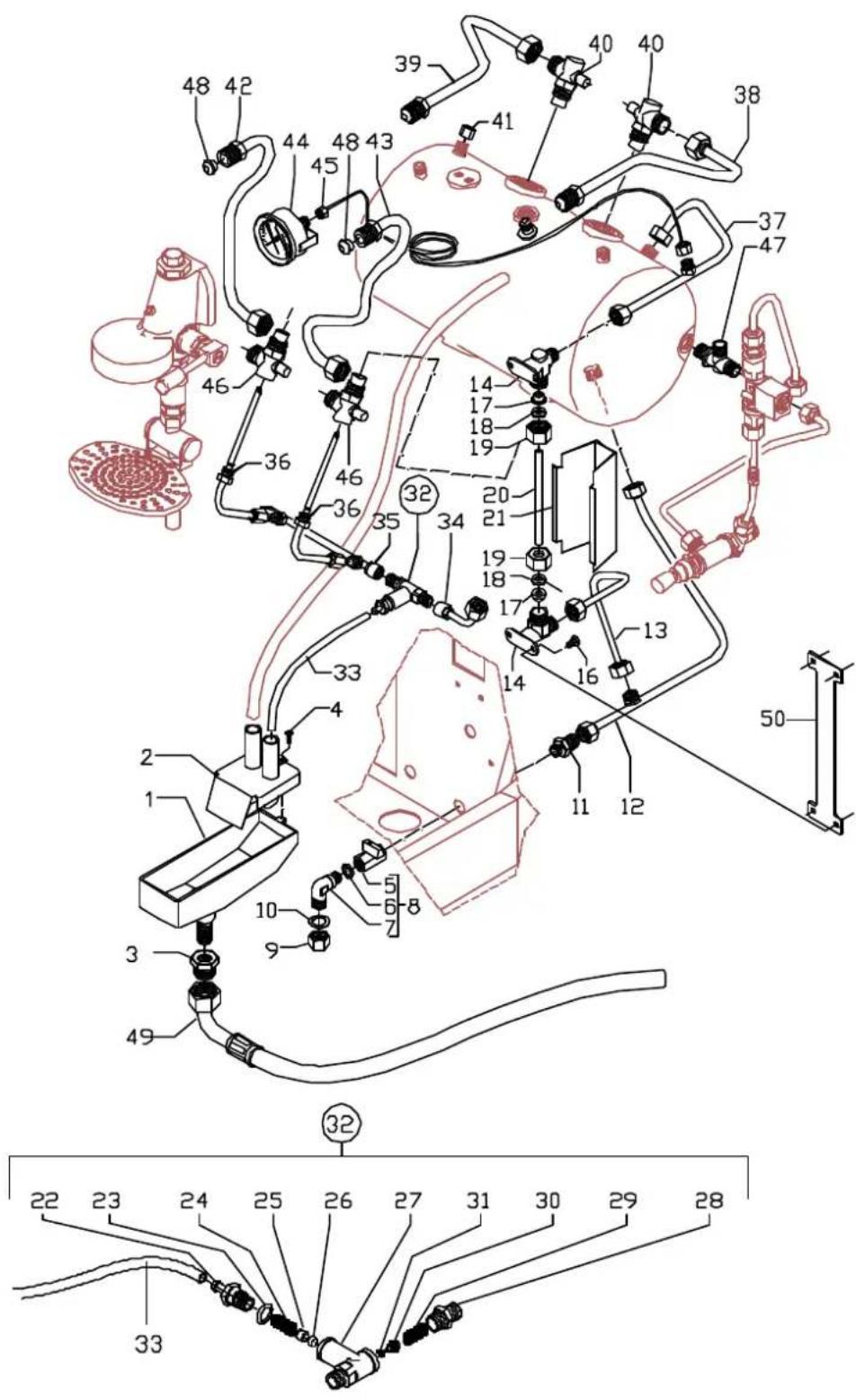 Technical diagram of a mechanical assembly with numbered components and labeled parts, including parts 1 through 50.