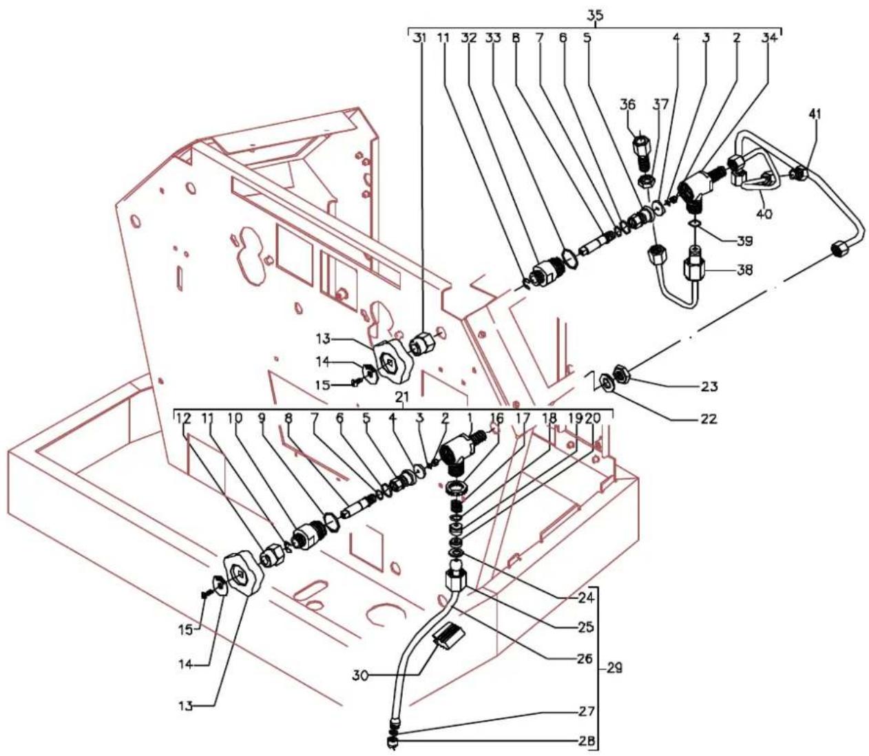 Technical diagram of a mechanical assembly with numbered components and labeled parts