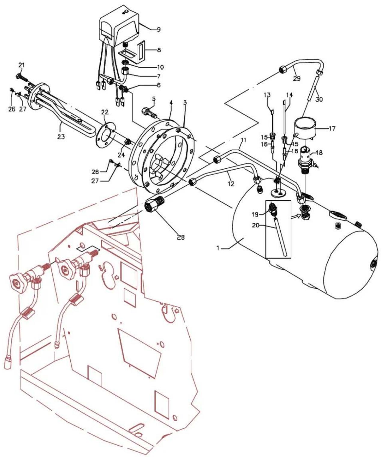 Technical diagram of a mechanical assembly with numbered components and exploded view