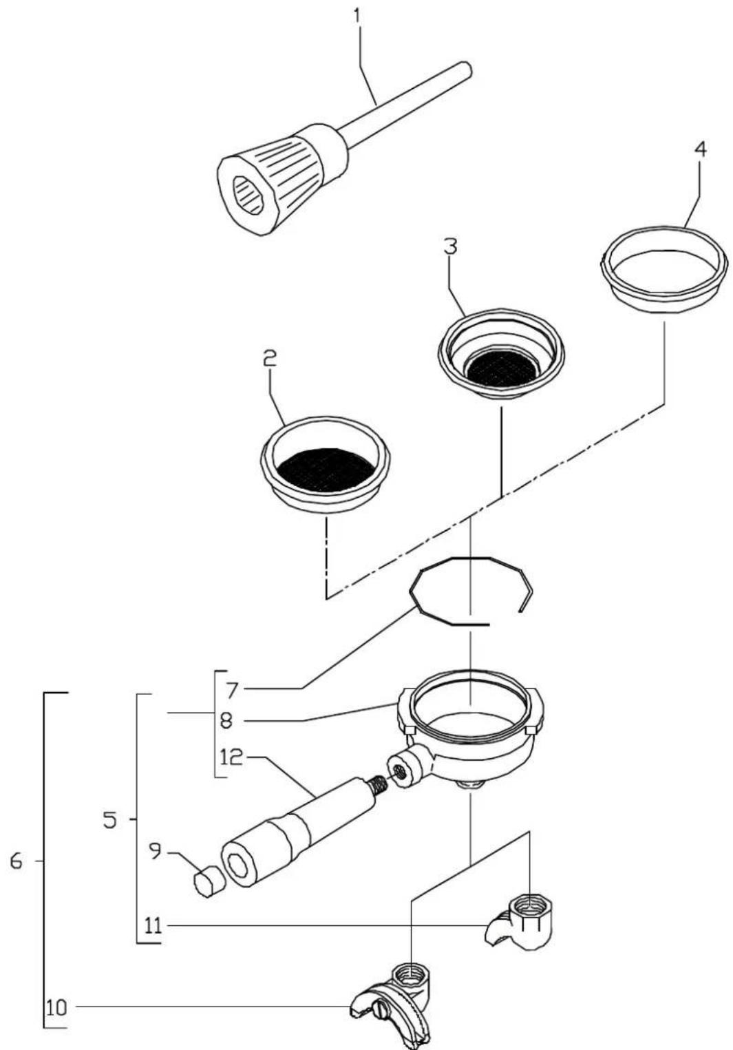 Technical diagram of a mechanical assembly with numbered components and dimension lines