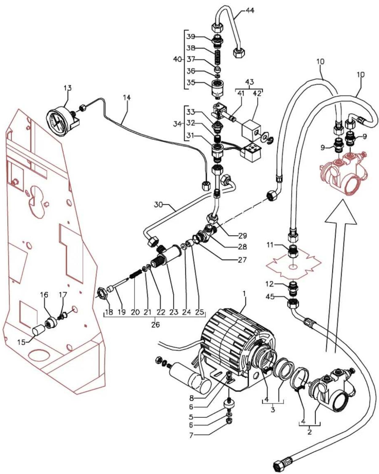 Technical diagram of a mechanical assembly with numbered components and labeled parts