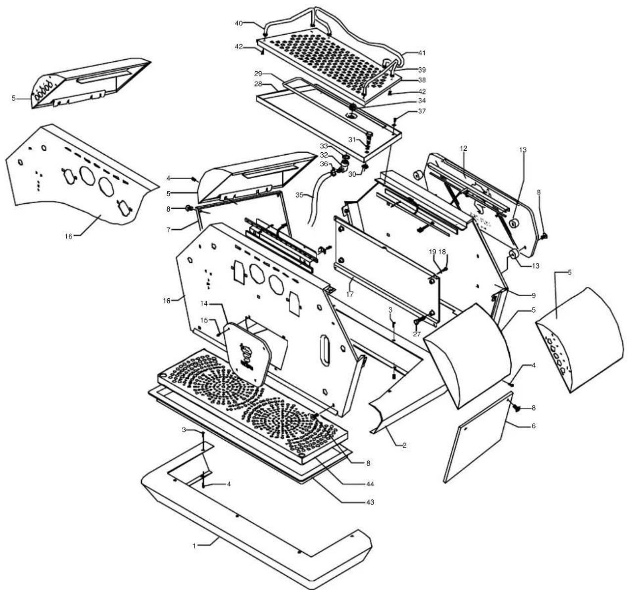 Technical diagram of a computer with numbered parts for identification and assembly reference.
