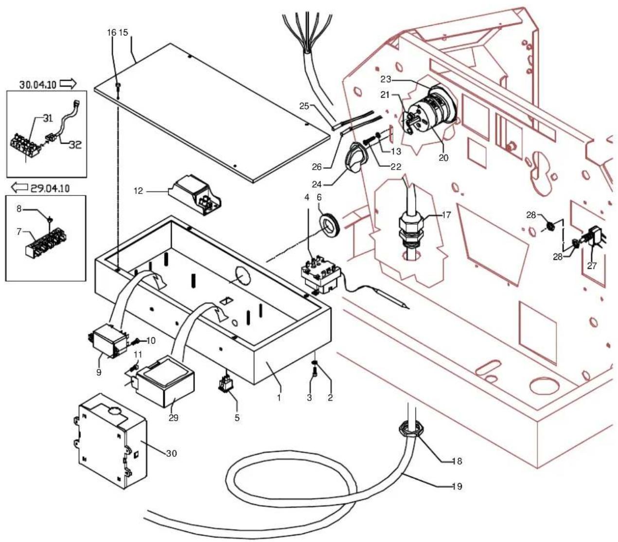 Technical diagram of an electronic device with numbered components and wiring, including connectors, modules, and wiring harnesses.