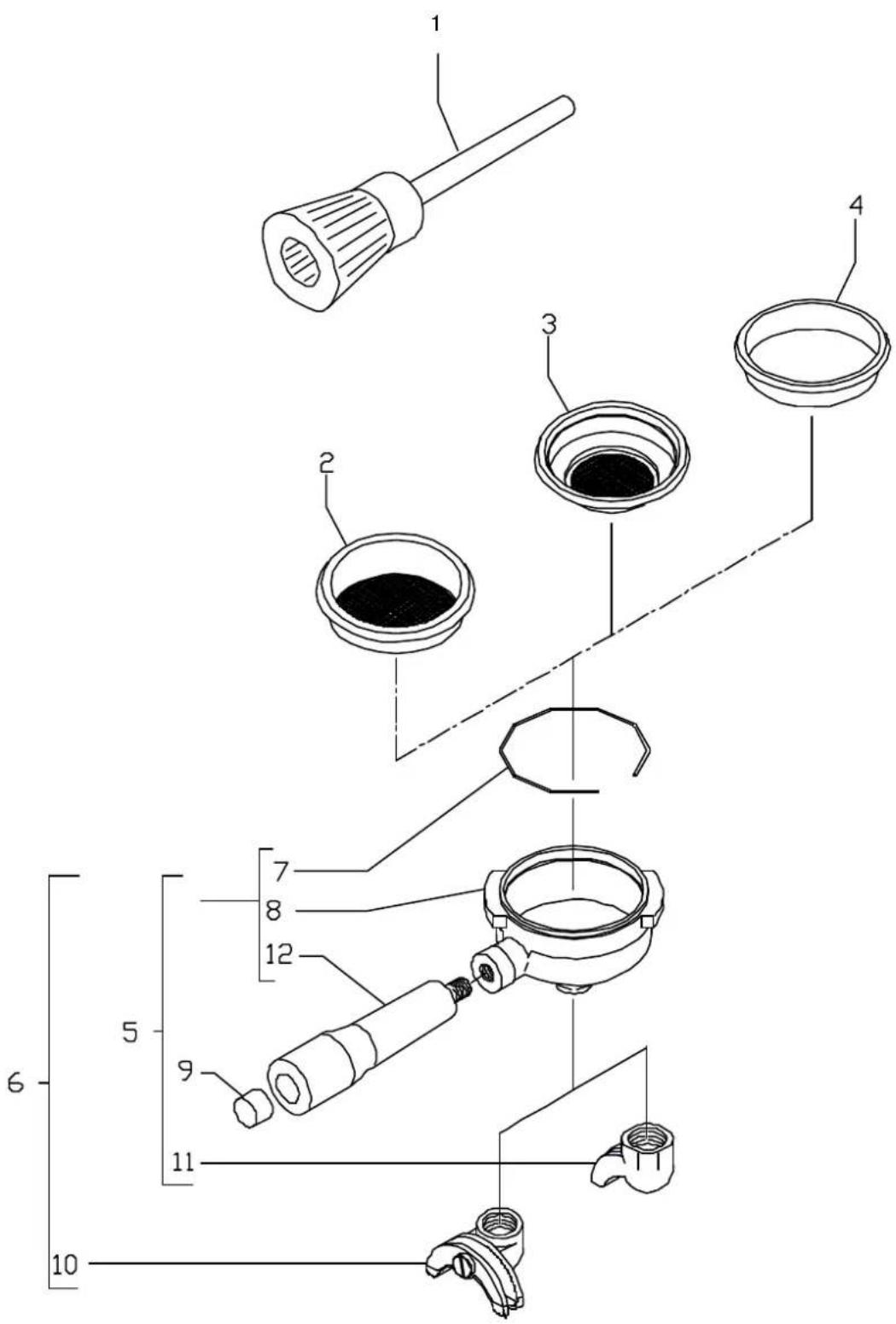 Technical diagram of a mechanical assembly with numbered components and dimension lines