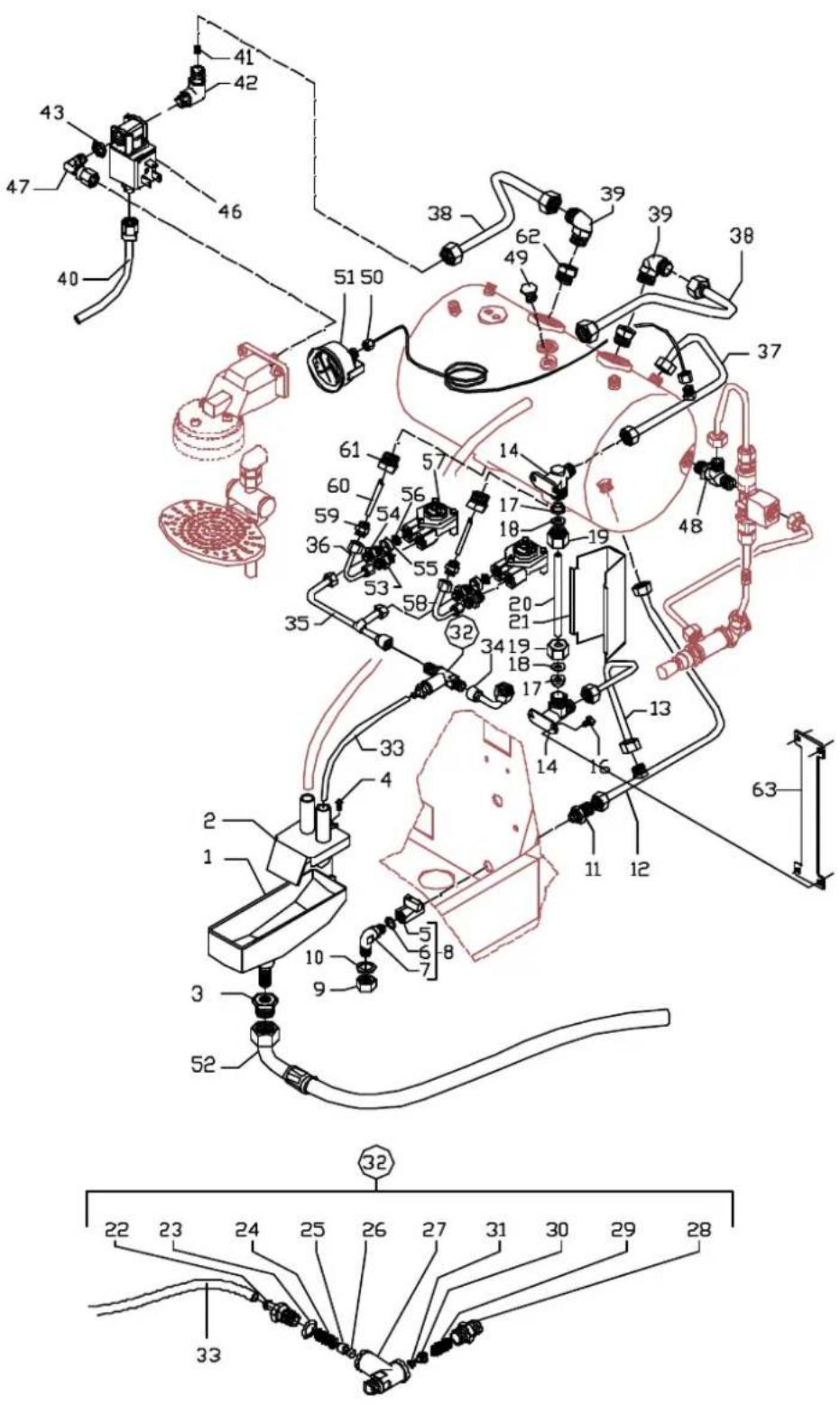Technical diagram of a mechanical assembly with numbered components and labeled parts, including parts 1 through 52.