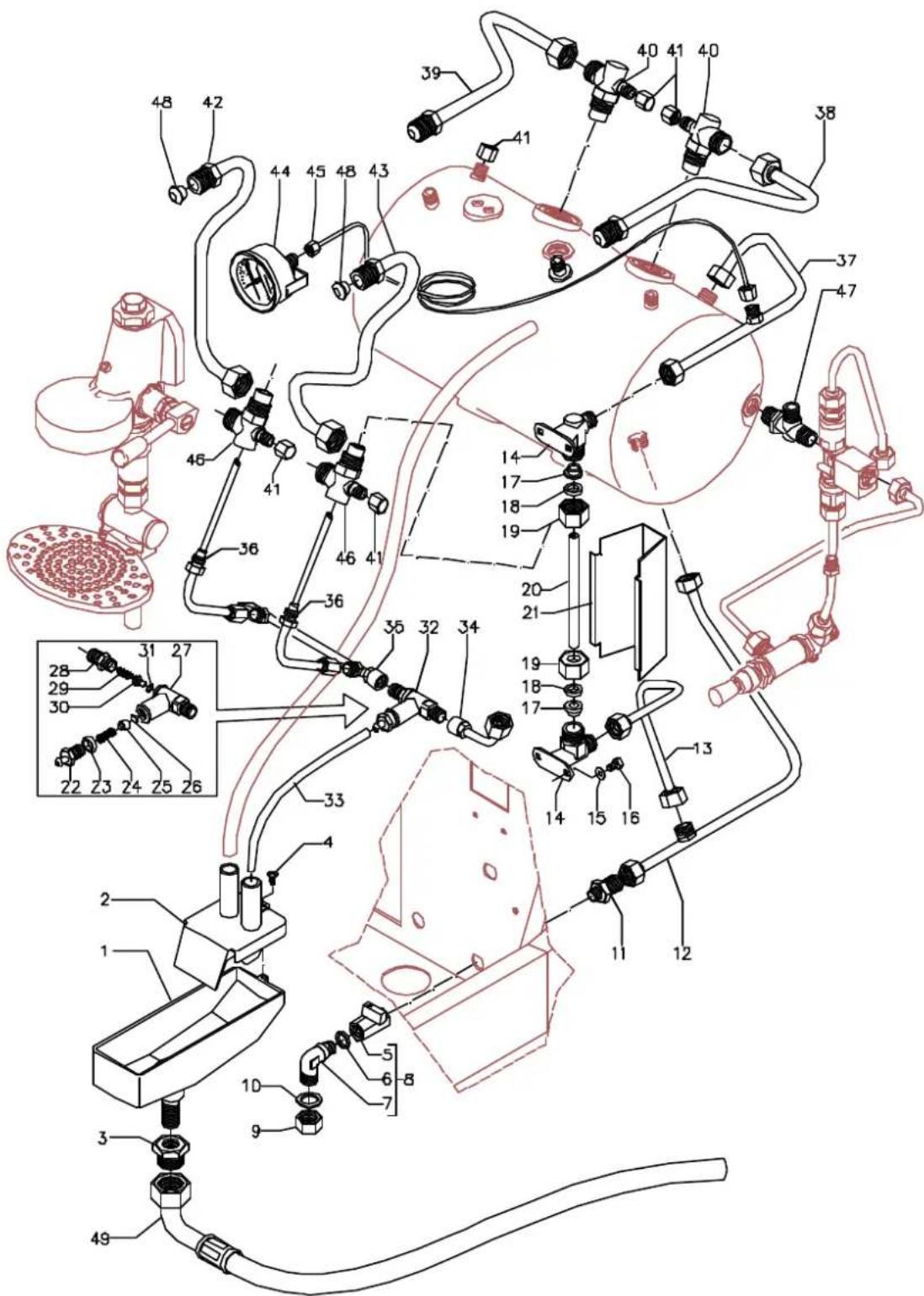 Technical diagram of a mechanical assembly with numbered components and labeled parts, including tubing, connectors, and a spray bottle.
