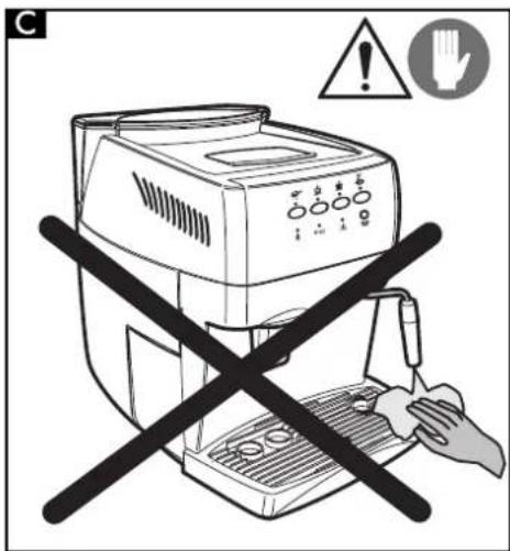 Warning symbol for a toaster oven with crossed-out hand and warning sign