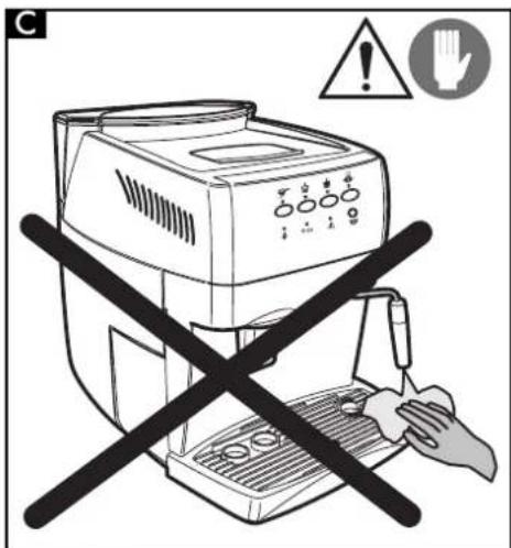 Warning symbol for a toaster oven with crossed-out hand and warning sign