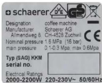 Schaerer Siena 2 - Typenschild - 1