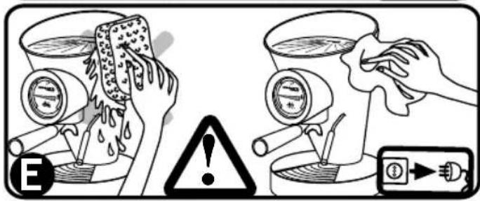 Diagram illustrating a cleaning or cleaning process with labeled items and warning symbols