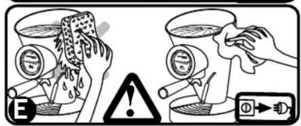 Diagram illustrating a cleaning or cleaning process with labeled items and warning symbols