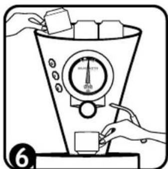 Diagram showing hands operating a funnel with labeled components and a scale, likely illustrating a physics or engineering concept.