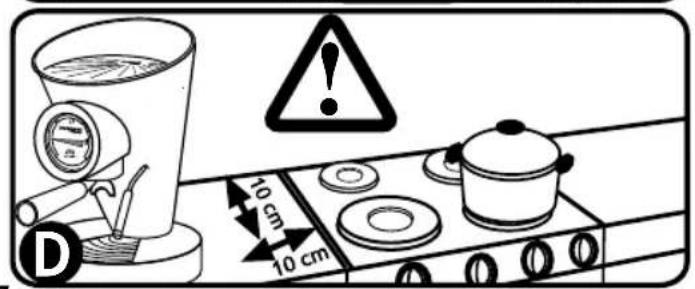 Diagram illustrating cooking process with a steamer, thermometer, warning symbol, and 10 cm height markings on a stove.