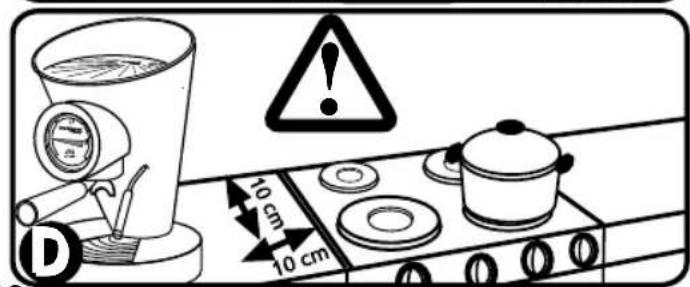 Diagram illustrating cooking process with a blender, thermometer, and warning symbols including '10 cm' and exclamation mark