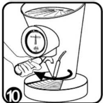 Diagram illustrating a mechanical device with a pressure gauge and rotating lever, labeled with number 10.