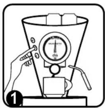 Diagram showing a hand using a pour-over machine to press coffee into a funnel, with labeled parts and a scale indicator.