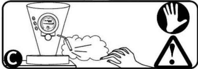 Warning symbol illustration showing a hand holding a thermometer, warning sign, and warning triangle with exclamation mark