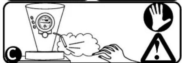 Warning symbol illustration showing a hand holding a test tube, warning sign, and alarm symbol with exclamation mark