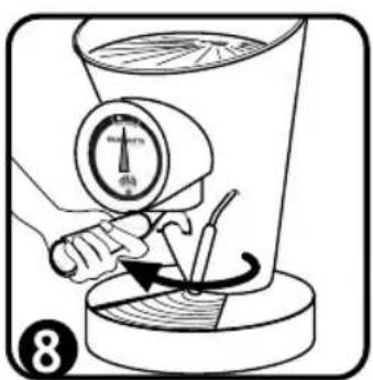 Diagram showing a hand using a pressure gauge to measure a device's internal components, labeled with number 8.