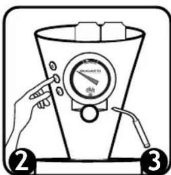 Diagram showing a hand pressing a pressure gauge on a conical container, labeled with numbers ② and ③.