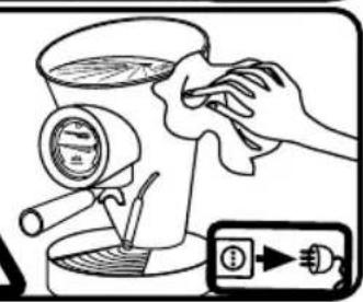Diagram showing a hand cleaning a kitchen with a digital display and power plug, indicating cleaning process.