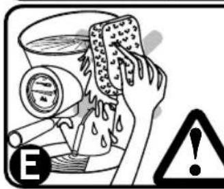 Safety warning illustration showing hand cleaning a surface with water pressure gauge and warning symbol