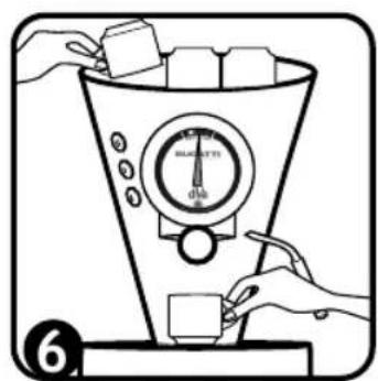 Diagram illustrating a funnel-shaped container with labeled parts and a speedometer, showing hands interacting with blocks.