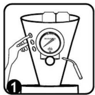 Diagram showing a hand operating a slurrypan with a pressure gauge and a labeled step number 1