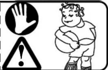 Warning symbol and cartoon illustration showing a hand holding a warning sign and a child with bandaged clothing.