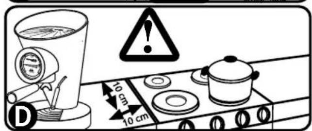 Diagram showing cooking process with a steamer, cooking pot, and warning symbol