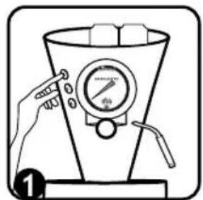 Diagram showing a hand operating a pressure gauge in a conical container with a valve, labeled with number 1.