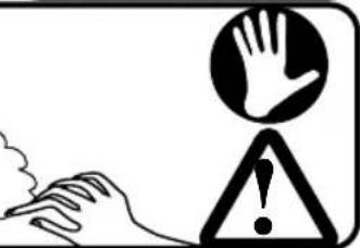 Warning symbol with hand gesture and exclamation mark, indicating hazard or caution
