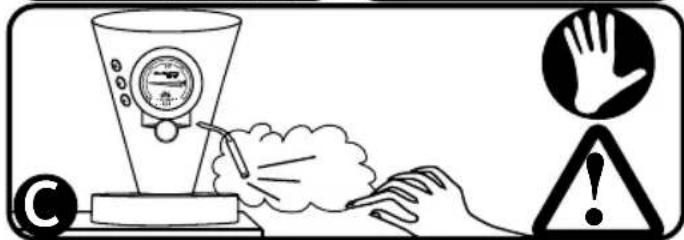 Warning symbol illustration showing a hand holding a warning sign, a thermometer, and a computer screen with a cloud, alongside a copyright ©.