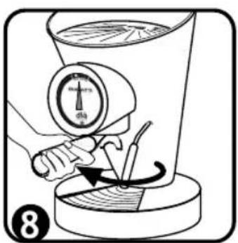 Diagram illustrating a hand using a magnifying glass to measure a device's motion, labeled with the number 8.