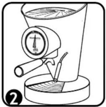Technical diagram of a coffee maker with labeled parts and scale indicator