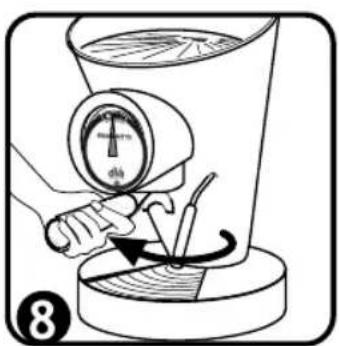 Diagram illustrating a hand using a pressure gauge to measure a device's internal components, labeled with number 8.