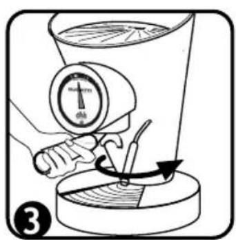 Diagram illustrating a mechanical process with a dial indicator and rotating component, labeled with number 3.