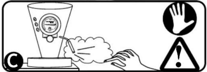 Warning symbol illustration showing a hand holding a test tube, warning symbols for thermal monitoring and safety warning.