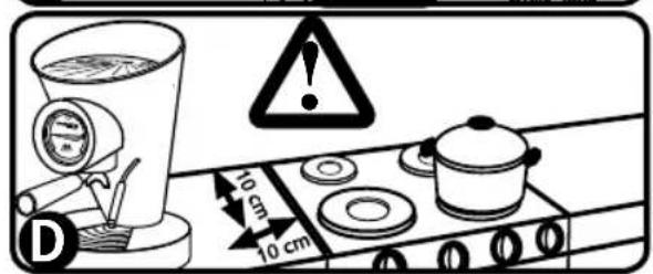 Diagram illustrating a cooking process with a steamer, thermometer, and warning symbols including a warning triangle and 10 cm height markings.