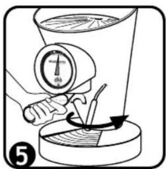 Diagram illustrating a mechanical or fluidic process with labeled step number 5, showing a hand operating a valve and rotating around a container.